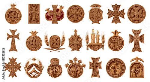 Collection of intricately carved wooden crosses and religious symbols in various shapes and designs