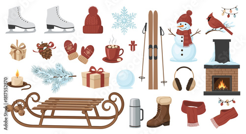 Winter themed collection featuring snowman, fireplace, skis, sled, and various winter accessories items