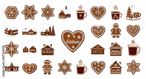 Collection of gingerbread cookies including stars hearts houses and gingerbread people on white background