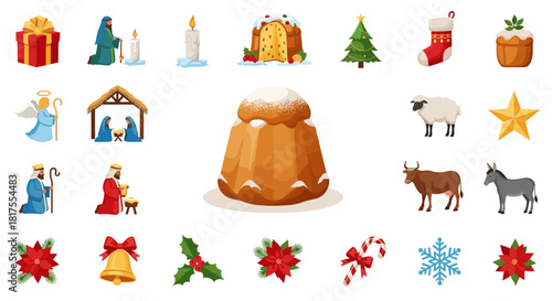 Illustration depicting christmas and nativity scene elements with gifts and religious figures