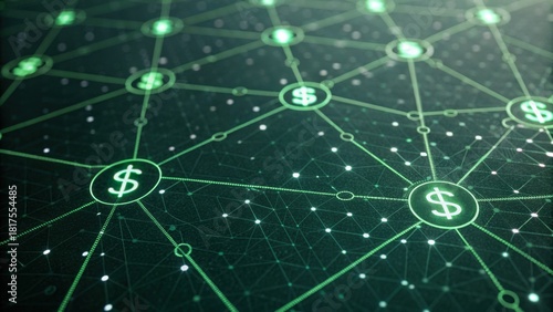A digital network visualization featuring interconnected nodes with dollar signs, representing finance, technology, and data flow.