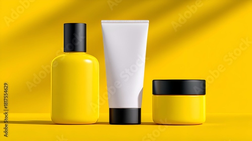 Three cosmetic products (bottle, tube, and jar) in yellow and white with black caps, displayed on a vibrant yellow background. Strong sunlight and shadows create a bold, summer.