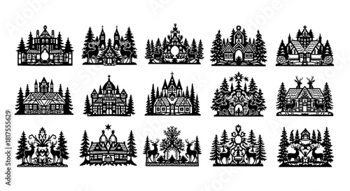 Collection of intricate black and white silhouette illustrations of winter holiday scenes with houses and deer