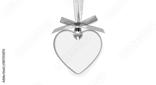 Heart shaped christmas ornament with a silver ribbon hanging from a silver string on a white background