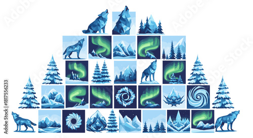 Arrangement of arctic themed illustrations featuring wolves aurora borealis and winter landscapes artfully placed