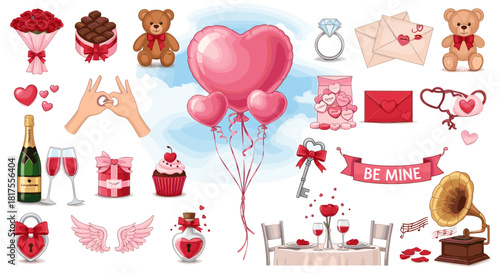 Illustration of valentine's day themed objects including balloons, gifts, and romantic symbols