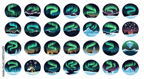 Collection of oval scenes depicting the aurora borealis over winter landscapes and snowy environments