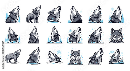 Collection of stylized wolves howling with winter elements and snow in various poses and compositions