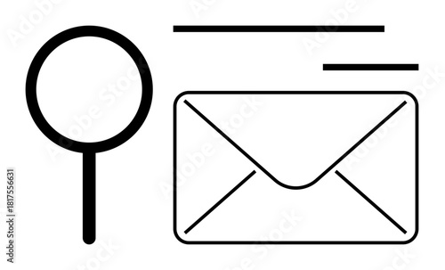 Magnifying glass beside envelope symbolizing email search, communication, or message analysis. Ideal for marketing, email tracking, data privacy, communication, targeted messaging, customer