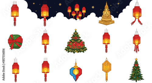 A festive display of christmas trees lanterns and a golden statue against a starry night backdrop