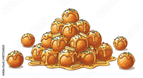 A pyramid of caramel eggs with colorful sprinkles and butterscotch pieces on a white background is shown