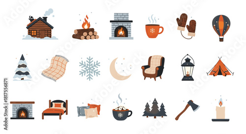 Collection of cozy winter themed clip art including a cabin fireplace hot drinks and winter accessories