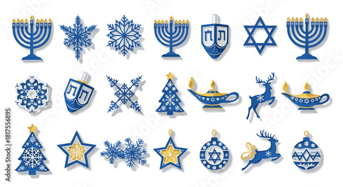 Collection of hanukkah and christmas ornaments with blue and gold color scheme displayed neatly