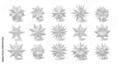 Arrangement of fifteen white geometric star shaped objects with varying designs and shadow effects shown