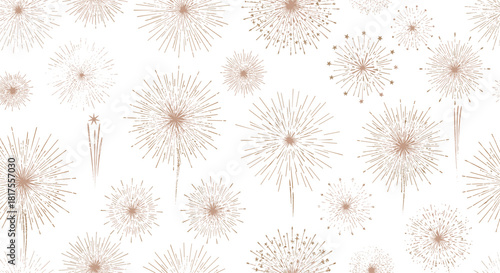 Pattern of stylized fireworks or starbursts in shades of beige on a white background design element