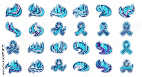 Collection of teal ribbon designs and flame like icons arranged in a grid pattern on white background