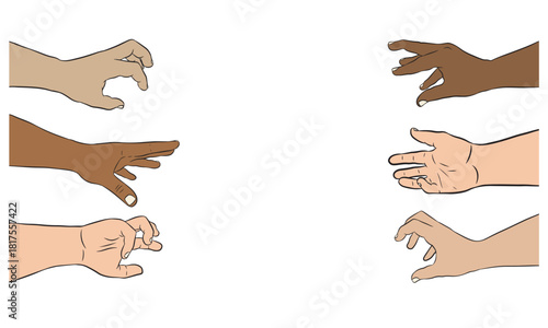 Two sets of hands attempting to grasp something in the middle.Transparent background.