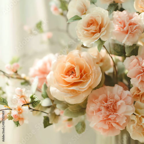 A beautiful arrangement of soft pink and cream roses interspersed with delicate blossoms, creating an elegant floral display.