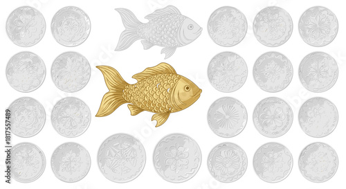 A collection of easter eggs with floral patterns surrounding two fish, one gold and one white outline