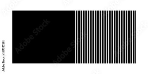 Black half striped rectangle geometric shape isolated on white background. Blinds or shutters silhouette. Minimalistic design element. Vector graphic illustration.