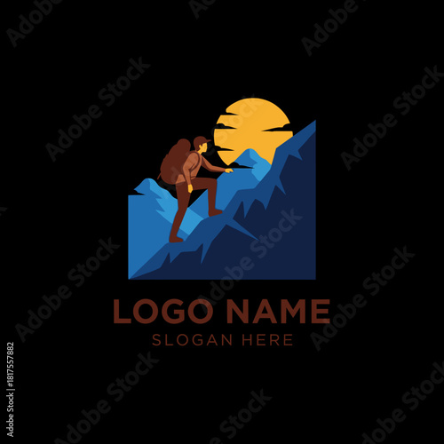 Logo design template of a hiker with a backpack climbing a mountain at sunrise or sunset.