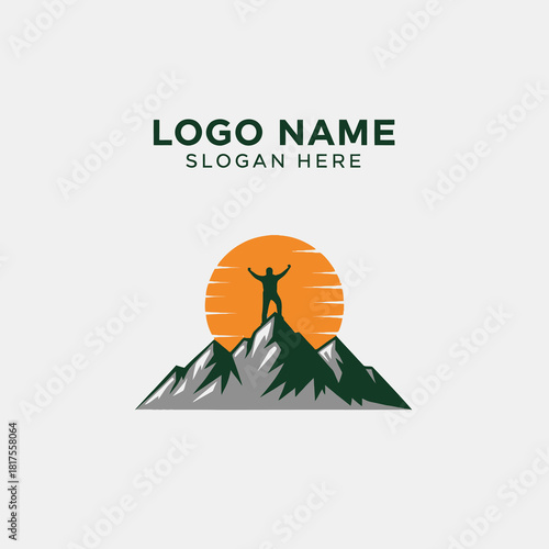 A person triumphantly standing on a mountain peak with outstretched arms against a vibrant orange sun, symbolizing achievement and adventure.