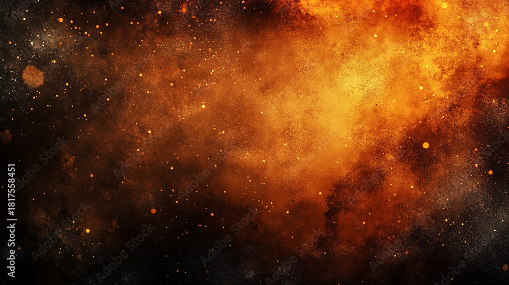 Naklejka premium Dark abstract background blending black brown orange and yellow with glowing spots and rough grainy texture suggesting fire burn light dust or a creepy atmospheric mood with gritty depth.