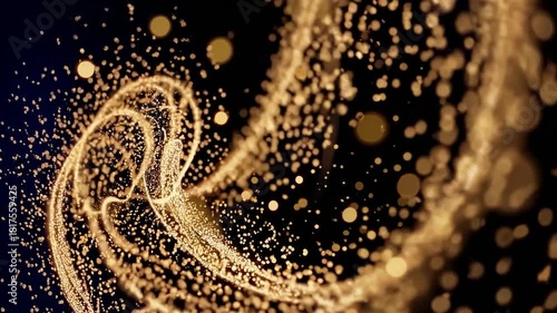 Glistening golden particles and bokeh lights dance in a mesmerizing spiral on a dark, luxurious backdrop, exuding a festive and enchanting aura