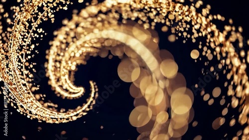 Sparkling golden particles swirling in a radiant spiral on a black backdrop, crafting a sophisticated and celebratory loop with shimmering glints and stunning bokeh details