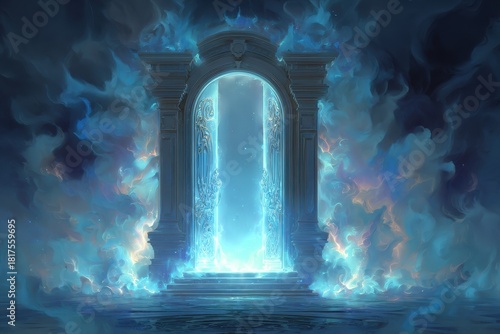 Vibrant photo of mystical glowing blue portal archway surrounded by ethereal smoke