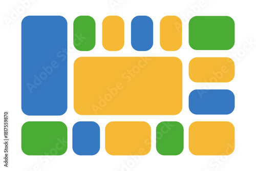 Bento grid mosaic structure. Photo collage, moodboard, magazine or brochure modular template. Poster or banner blocks framework. Modern website interface. Vector flat illustration.