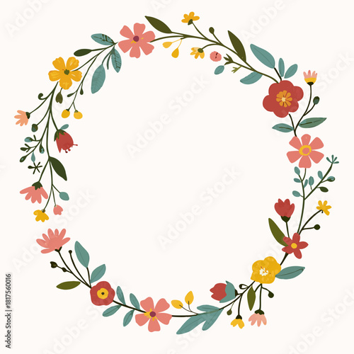 Hand-Painted Gouache Floral Wreath Illustration with Spring Blooms