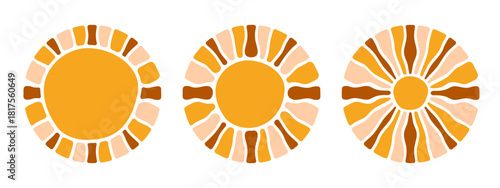Sun silhouettes with curvy rays isolated on white background. Sunburst, sunbeam or sunlight symbols. Spring or summer theme elements. Happy vibes concept. Modern fun print. Vector flat illustration.
