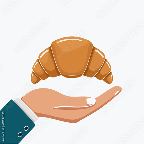 Hand offering a delicious, golden brown croissant, symbolizing a delightful morning pastry or breakfast treat