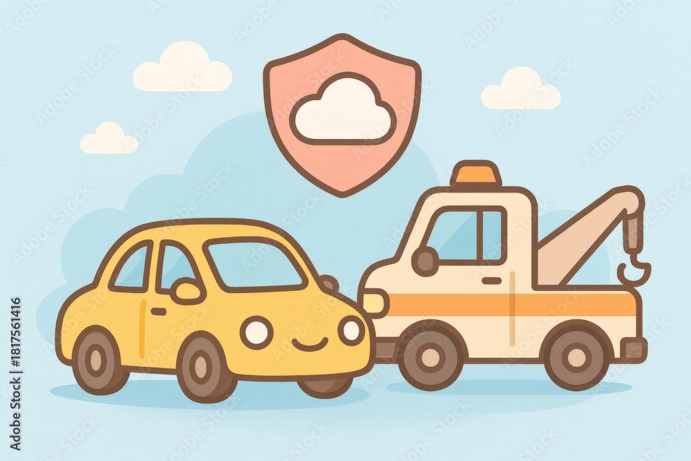 Fototapeta premium Illustrative depiction of accident scene, yellow car and tow truck, emphasizing insurance coverage and roadside assistance, expressing trust and safety in transportation solutions
