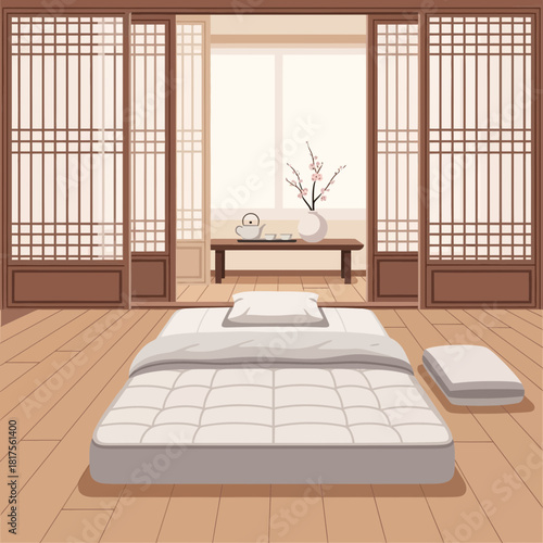 Authentic minimalist japanese interior with futon and shoji screens illustration