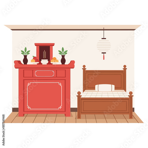 Chinese Style Bedroom Interior with Altar Table and Bed Illustration