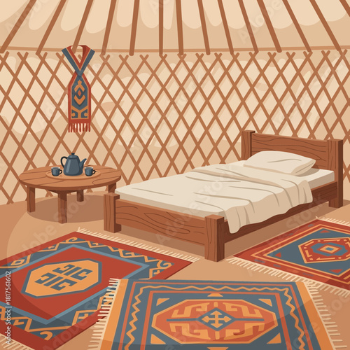 Cozy Yurt Interior with Bed, Table, and Traditional Carpets Cartoon Style