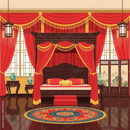 Elaborate bedroom showcases classical Chinese elements and aesthetic principles