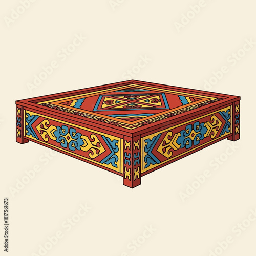 Illustrated wooden box with a beautiful, cultural design and decorative patterns
