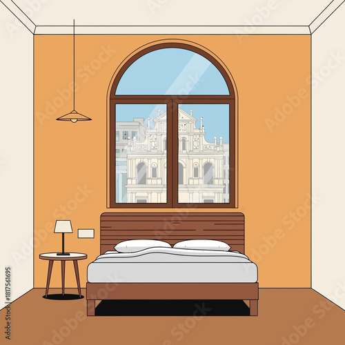 Illustration of a serene bedroom overlooking a classical European building