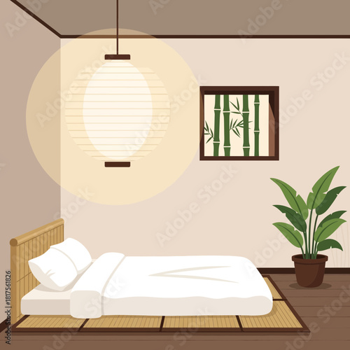 Minimalist Bedroom Interior Design with Japanese Aesthetics and Warm Lighting