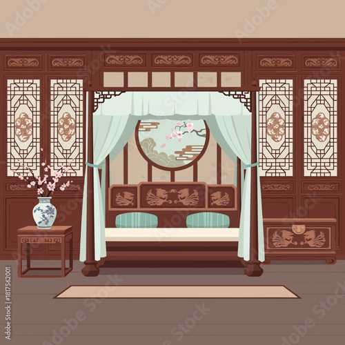 Serene oriental bedroom illustration with floral accents and canopy bed