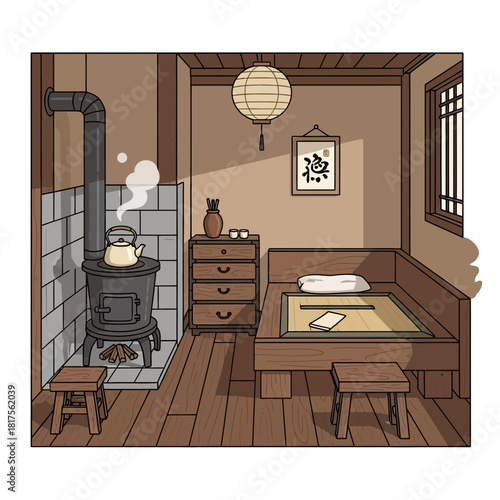 Serene Traditional Room Interior with Wood Stove and Asian-inspired Elements