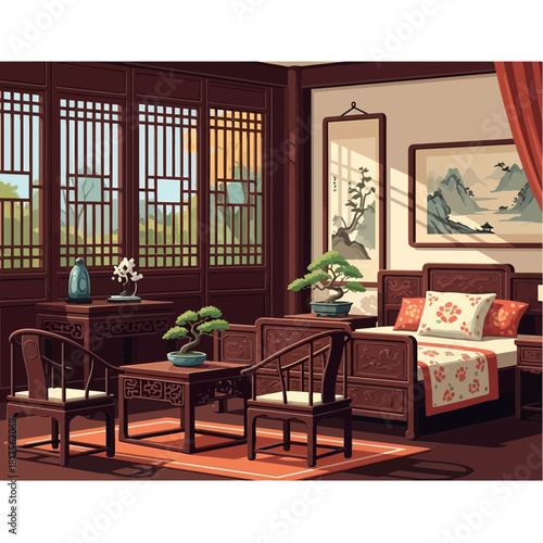 Serene traditional oriental bedroom with antique furniture and art pieces