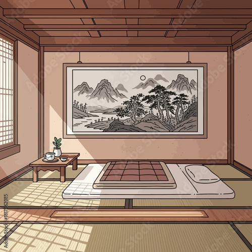 Serene traditional japanese room interior with landscape painting and sunlight