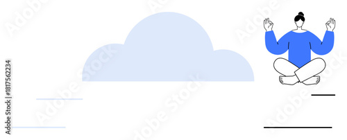 Meditation practitioner sitting cross-legged, practicing mindful breathing near a cloud. Ideal for relaxation, mindfulness, wellness, balance, mental health, tranquility and positivity. Simple flat