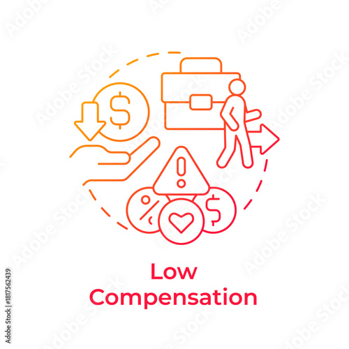 Low compensation red gradient concept icon. Uncompetitive pay. Cause of voluntary employee turnover. Round shape line illustration. Abstract idea. Graphic design. Easy to use in promotional material,