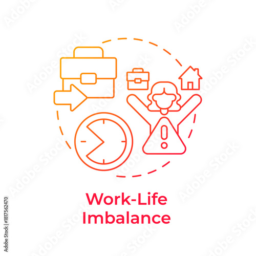 Work life imbalance red gradient concept icon. Overwhelming. Cause of voluntary employee turnover. Round shape line illustration. Abstract idea. Graphic design. Easy to use in promotional material,
