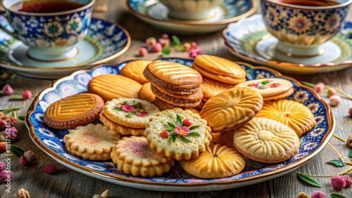 Delicate tea biscuits arranged in a colorful assortment on a decorative plate